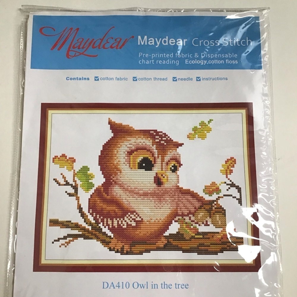 Owl In The Tree Cross Stitch Kit Fall Autumn Leaves Needlework Maydear NEW